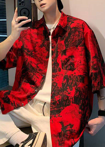 Print Button Sleeve Cotton Shirts Red Vintage Men Half Pockets FashionChic