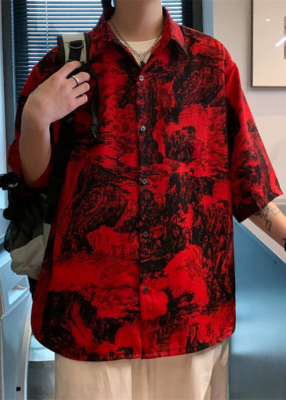 Print Button Sleeve Cotton Shirts Red Vintage Men Half Pockets FashionChic