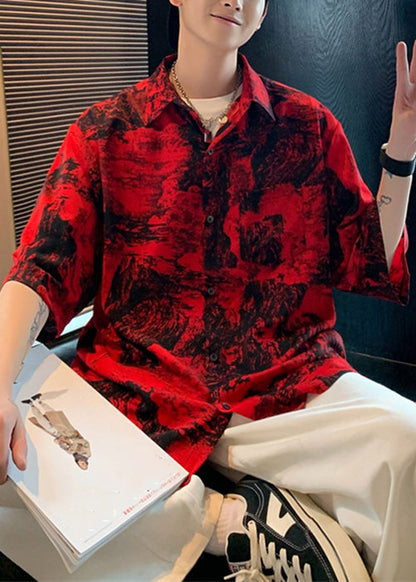 Print Button Sleeve Cotton Shirts Red Vintage Men Half Pockets FashionChic