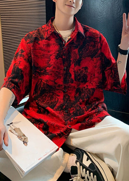 Print Button Sleeve Cotton Shirts Red Vintage Men Half Pockets FashionChic