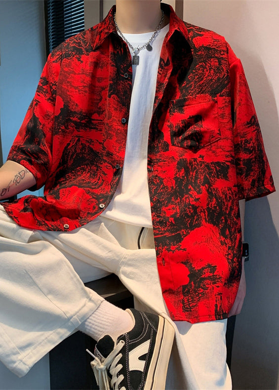 Print Button Sleeve Cotton Shirts Red Vintage Men Half Pockets FashionChic