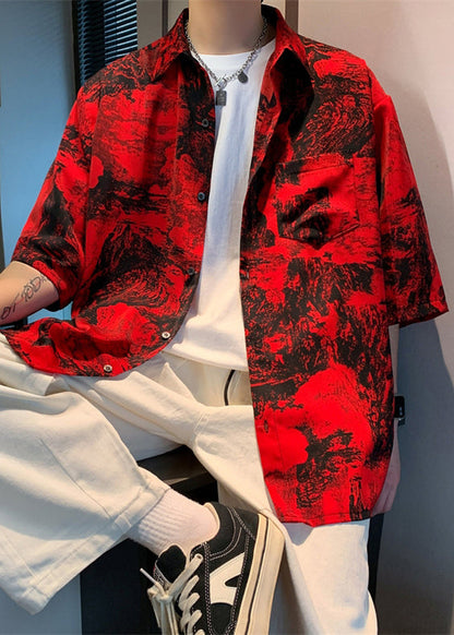 Print Button Sleeve Cotton Shirts Red Vintage Men Half Pockets FashionChic