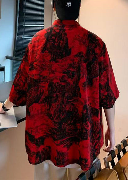 Print Button Sleeve Cotton Shirts Red Vintage Men Half Pockets FashionChic