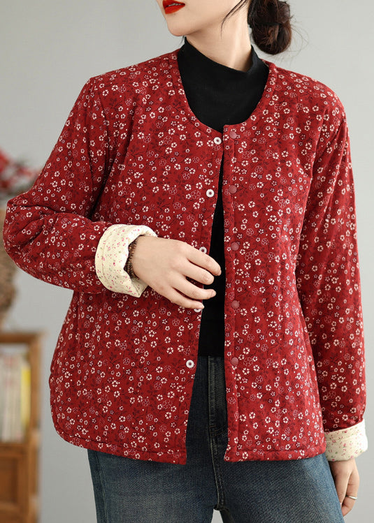 Vintage Red O Neck Button Print Thick Coats Winter QG040 OM-DJK241016