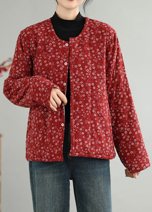 Vintage Red O Neck Button Print Thick Coats Winter QG040 OM-DJK241016