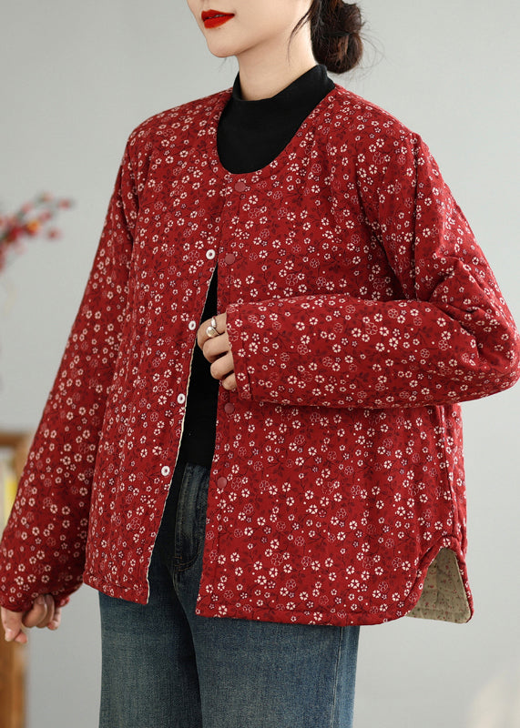 Vintage Red O Neck Button Print Thick Coats Winter QG040 OM-DJK241016