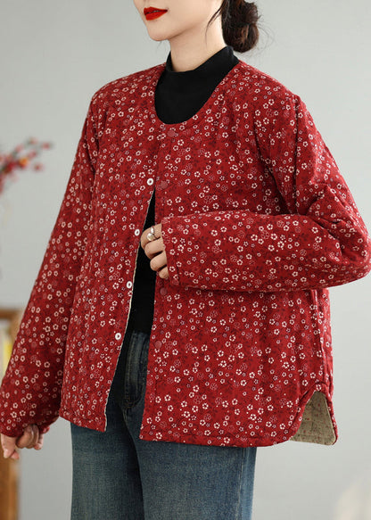 Vintage Red O Neck Button Print Thick Coats Winter QG040 OM-DJK241016