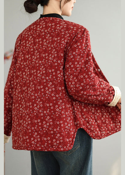 Vintage Red O Neck Button Print Thick Coats Winter QG040 OM-DJK241016