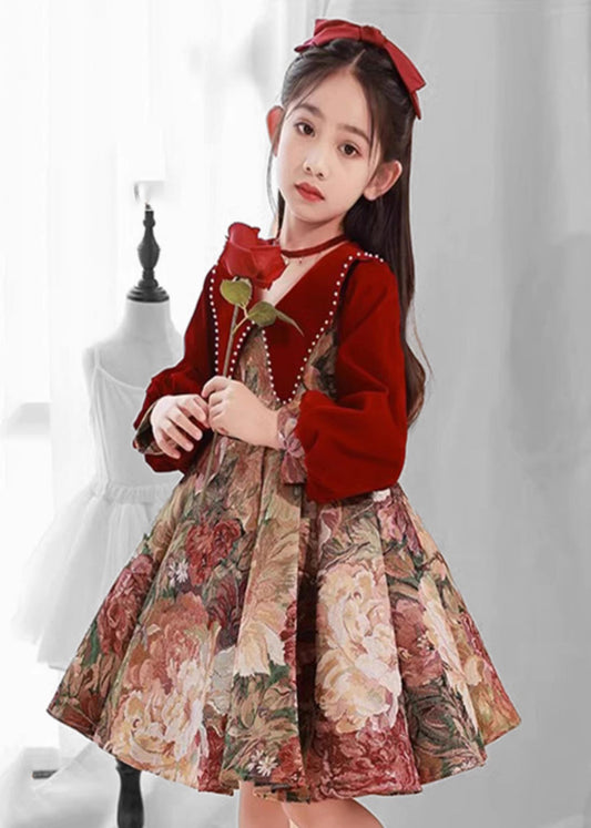 Vintage Collar Pan Dress Peter Red Print Kids Maxi Spring FashionChic