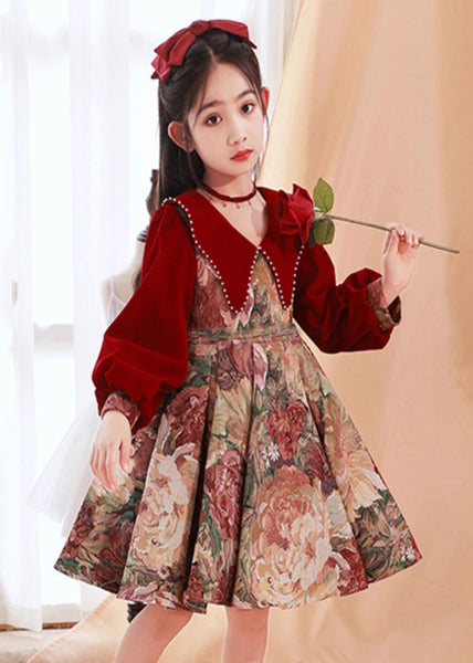 Vintage Collar Pan Dress Peter Red Print Kids Maxi Spring FashionChic