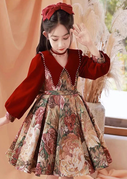 Vintage Collar Pan Dress Peter Red Print Kids Maxi Spring FashionChic