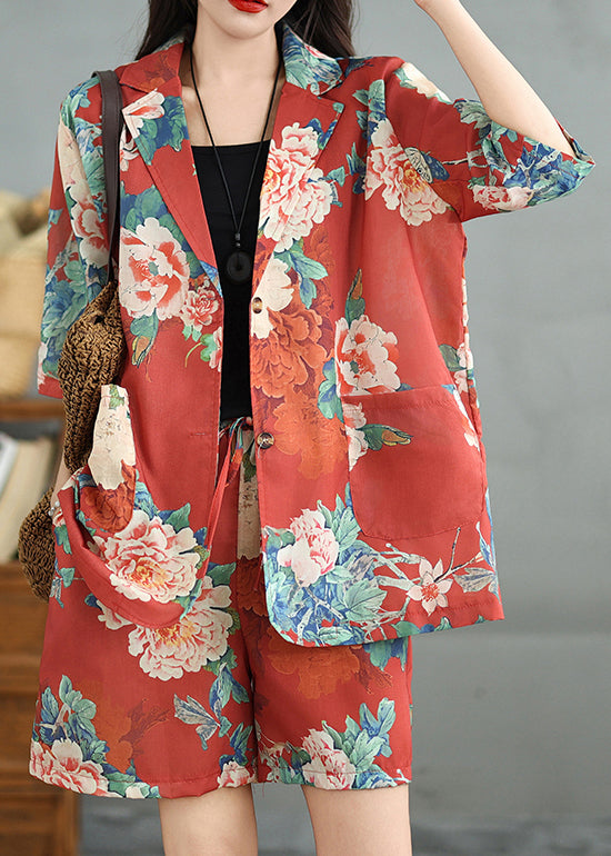 Red Print Two Cotton Half Vintage Pieces Sleeve Pockets Set FashionChic