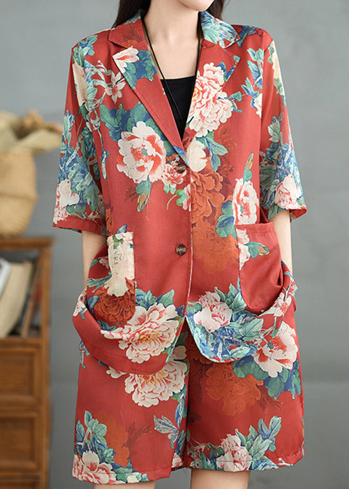 Red Print Two Cotton Half Vintage Pieces Sleeve Pockets Set FashionChic