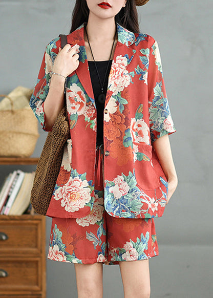 Red Print Two Cotton Half Vintage Pieces Sleeve Pockets Set FashionChic