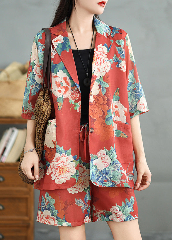 Red Print Two Cotton Half Vintage Pieces Sleeve Pockets Set FashionChic