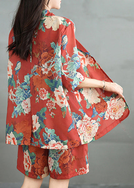 Red Print Two Cotton Half Vintage Pieces Sleeve Pockets Set FashionChic