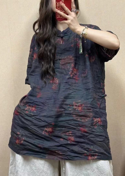 Vintage Red Stand Collar Button Print Linen Blouses Half Sleeve GG013 MZF-HTP240610