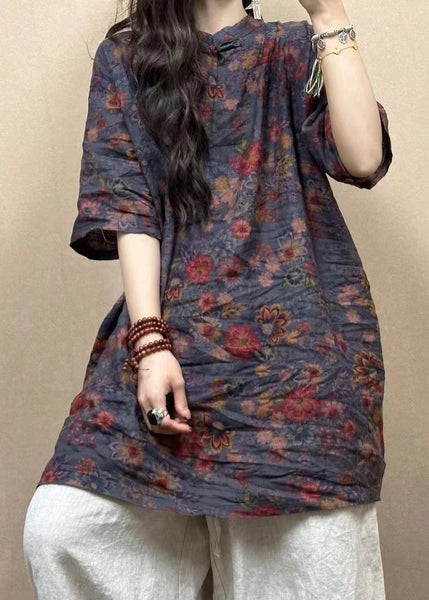 Vintage Red Stand Collar Button Print Linen Blouses Half Sleeve GG013 MZF-HTP240610