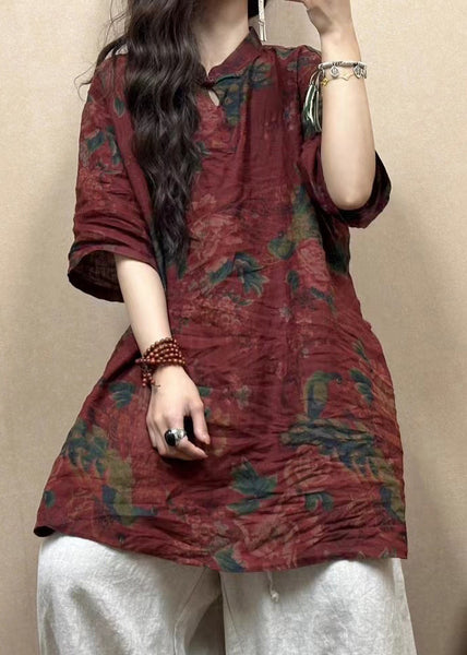 Vintage Red Stand Collar Button Print Linen Blouses Half Sleeve GG013 MZF-HTP240610