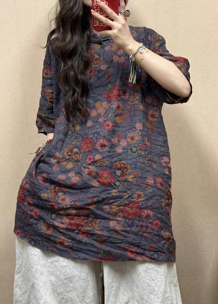 Vintage Red Stand Collar Button Print Linen Blouses Half Sleeve GG013 MZF-HTP240610