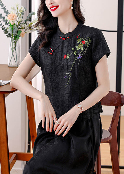 Vintage Red Stand Collar Embroidered Silk Blouses Summer BB026 Hawaii-STP240622