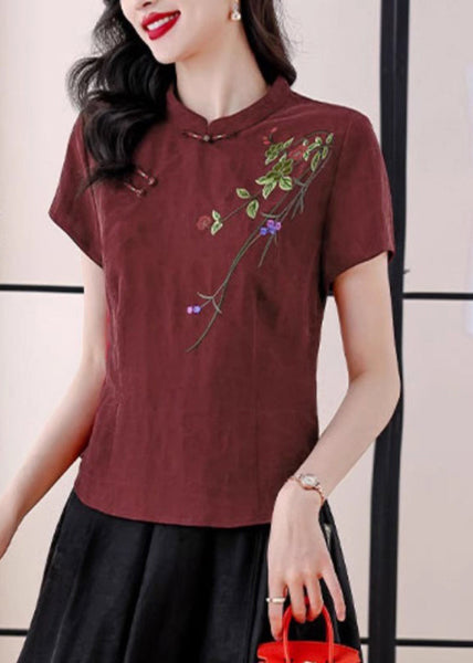 Vintage Red Stand Collar Embroidered Silk Blouses Summer BB026 Hawaii-STP240622