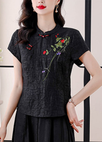 Vintage Red Stand Collar Embroidered Silk Blouses Summer BB026 Hawaii-STP240622