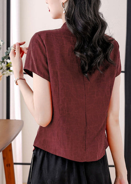 Vintage Red Stand Collar Embroidered Silk Blouses Summer BB026 Hawaii-STP240622