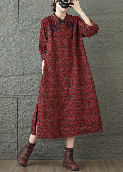 Vintage Red Stand Collar Print Oriental Button Cotton Dress Fall RU039 ABC