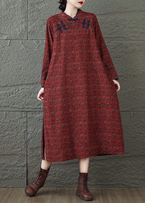 Vintage Red Stand Collar Print Oriental Button Cotton Dress Fall RU039 ABC