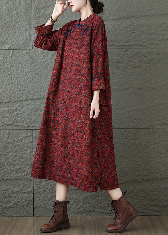 Vintage Red Stand Collar Print Oriental Button Cotton Dress Fall RU039 ABC