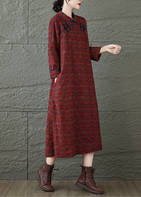 Vintage Red Stand Collar Print Oriental Button Cotton Dress Fall RU039 ABC