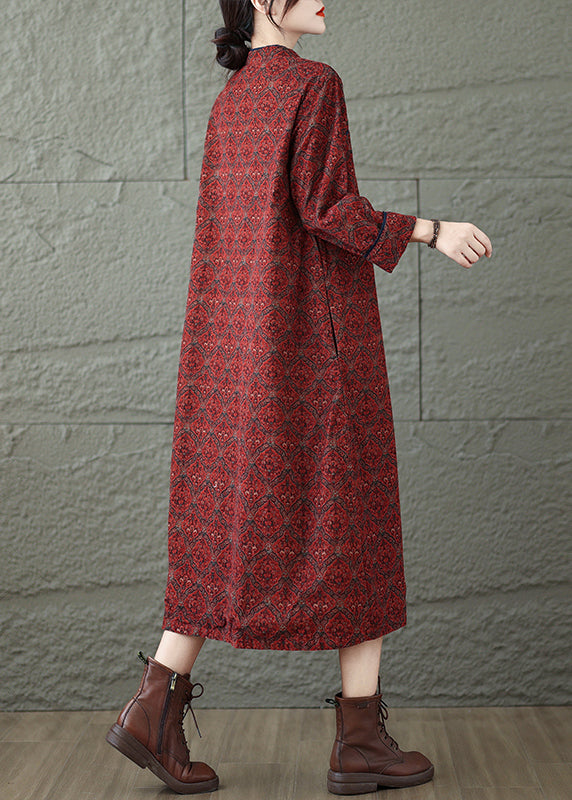 Vintage Red Stand Collar Print Oriental Button Cotton Dress Fall RU039 ABC