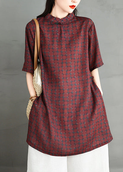 Vintage Red Stand Collar Print Side Open Cotton Dress Summer RU020 ABC