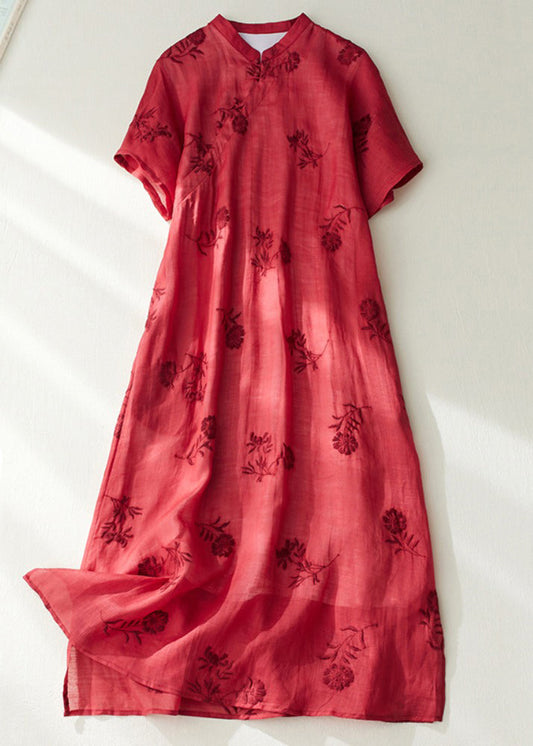 Vintage Red Stand Collar Side Open Layered Maxi Dress Short Sleeve VV089 HS-SDL240627