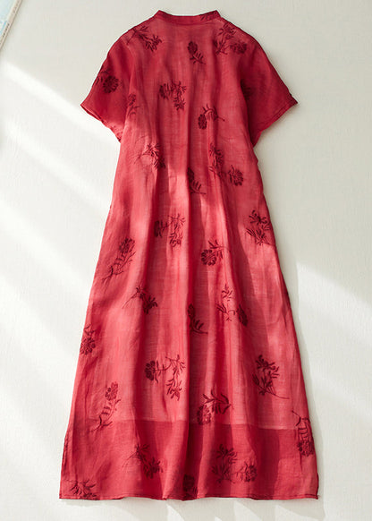 Vintage Red Stand Collar Side Open Layered Maxi Dress Short Sleeve VV089 HS-SDL240627
