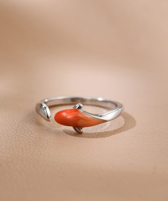 Vintage Red Sterling Silver Brocaded Carp Open Rings YI020 ABC