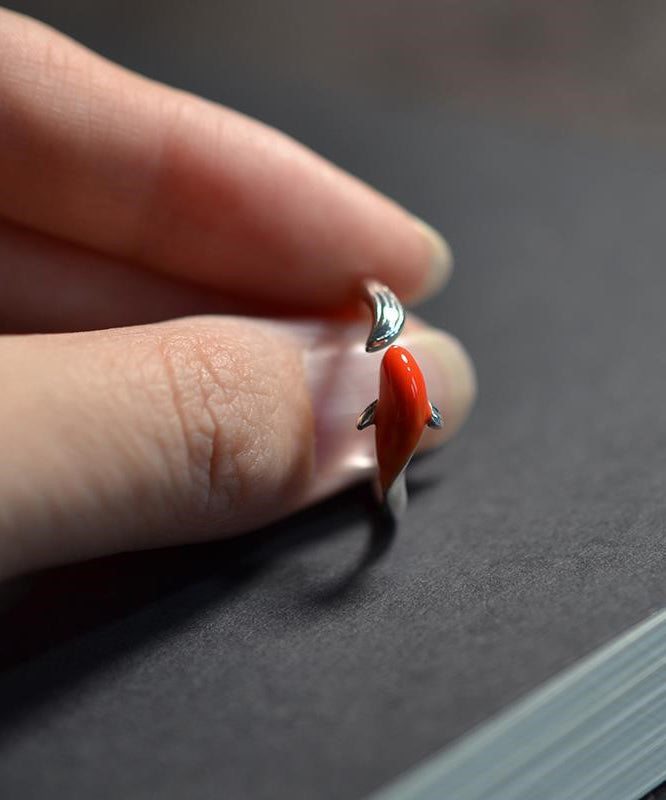 Vintage Red Sterling Silver Brocaded Carp Open Rings YI020 ABC