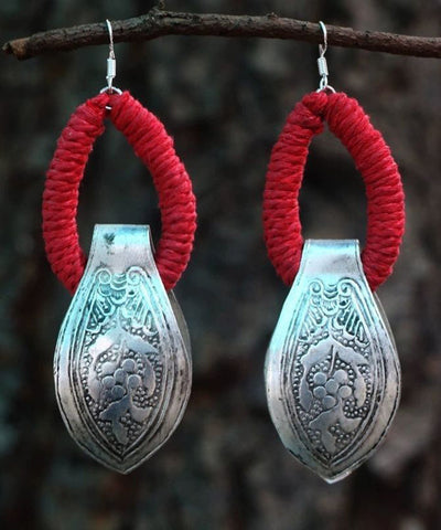 Sterling Hoop Vintage Red Earrings Engrave Silver FashionChic