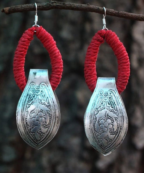 Sterling Hoop Vintage Red Earrings Engrave Silver FashionChic