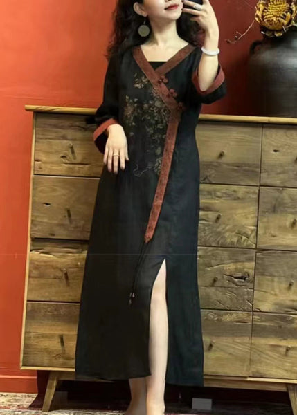 Vintage Red V Neck Embroidered Side Open Linen Dress Summer EE1024 SH-LF-SDL240517