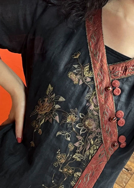 Vintage Red V Neck Embroidered Side Open Linen Dress Summer EE1024 SH-LF-SDL240517