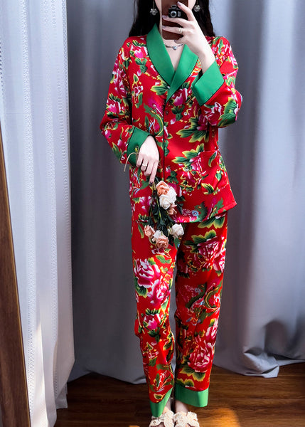 Vintage Red V Neck Print Top And Pants Silk Two Pieces Set Long Sleeve XS1001 Ada Fashion