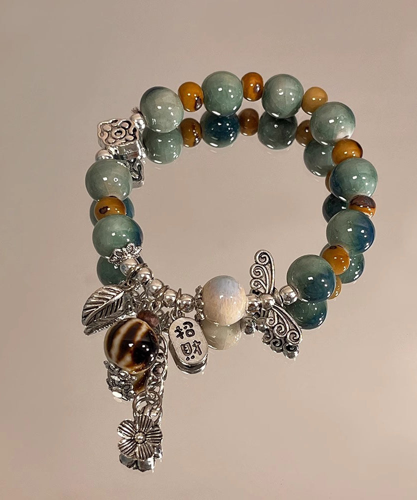 Bracelet Sterling Silk Beads Vintage Charm Ceramics Silver Jade FashionChic