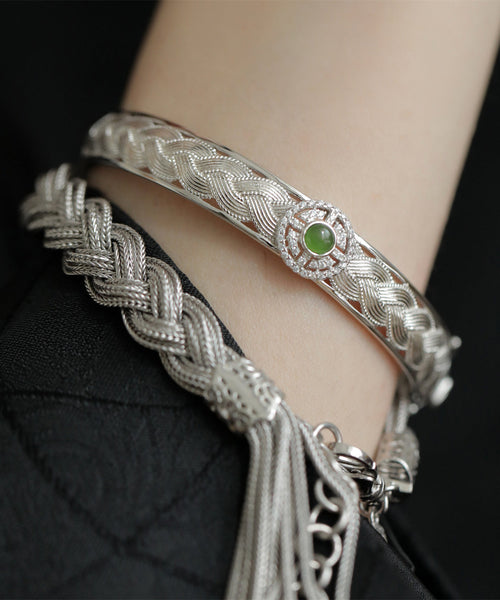 Sterling Silver Weave Lace Silk Bangle Jade Vintage FashionChic