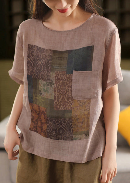 Skin Summe Pockets O Linen T Vintage Shirts Print Neck Pink FashionChic