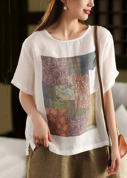 Skin Summe Pockets O Linen T Vintage Shirts Print Neck Pink FashionChic