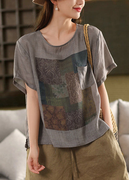 Skin Summe Pockets O Linen T Vintage Shirts Print Neck Pink FashionChic