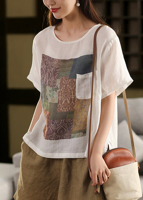 Skin Summe Pockets O Linen T Vintage Shirts Print Neck Pink FashionChic