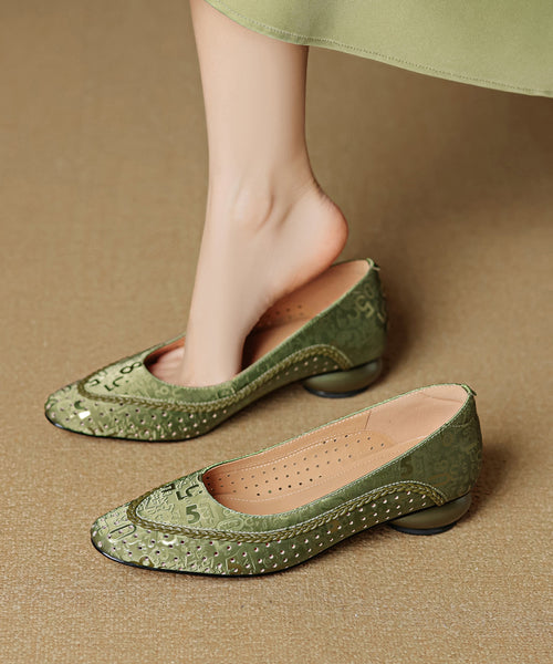 Green Splicing Vintage Cowhide Chunky Leather Breathable Shoes FashionChic